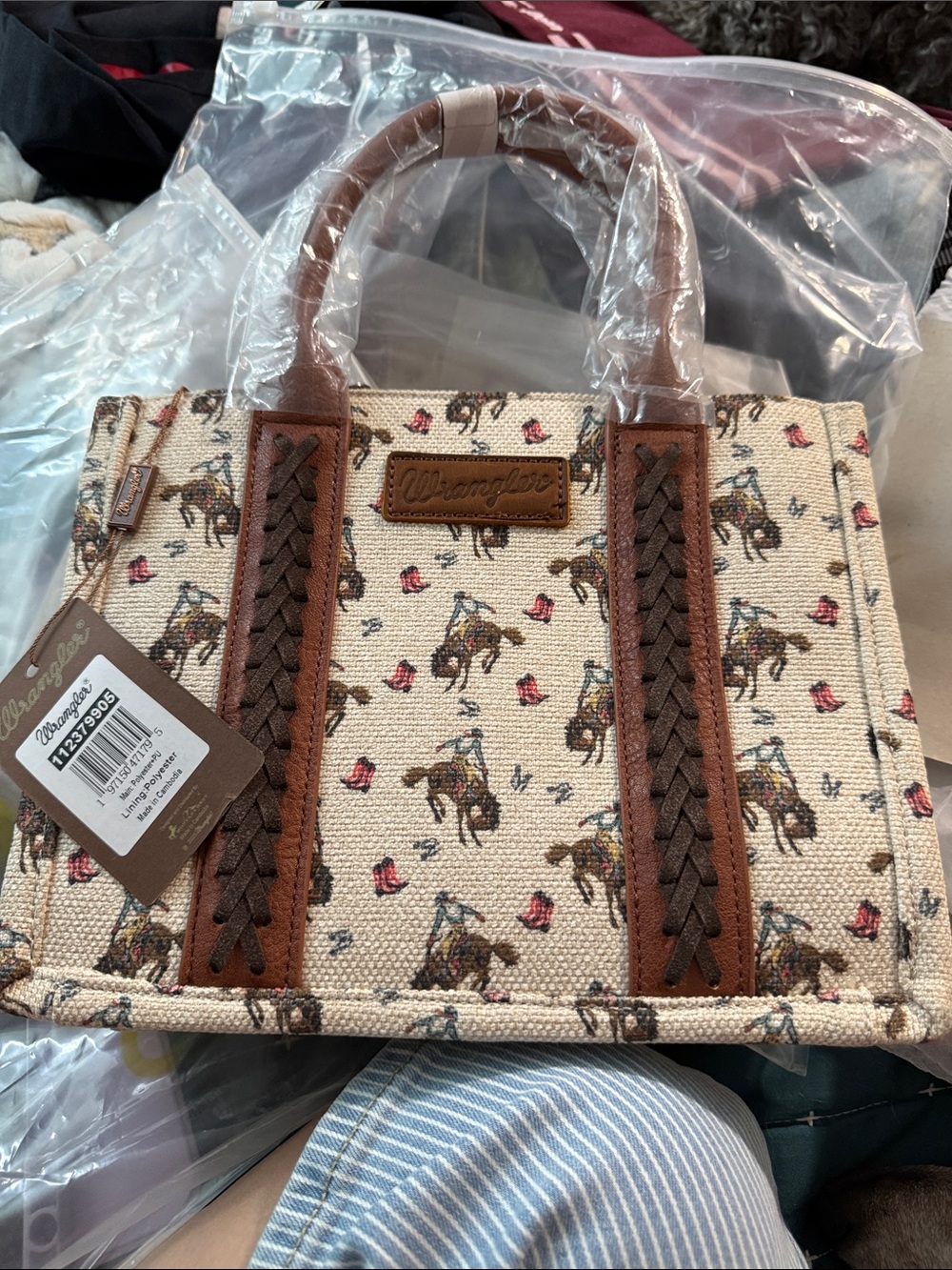 Wrangler Cream Tote Bag with Brown Braided Trim and Cowboy Print